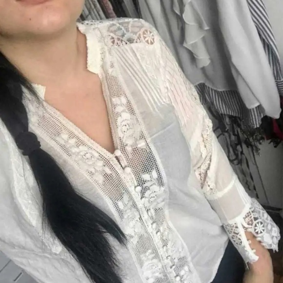 Boho White Button Down Lace Minimalist Blouse - Picture 3 of 8